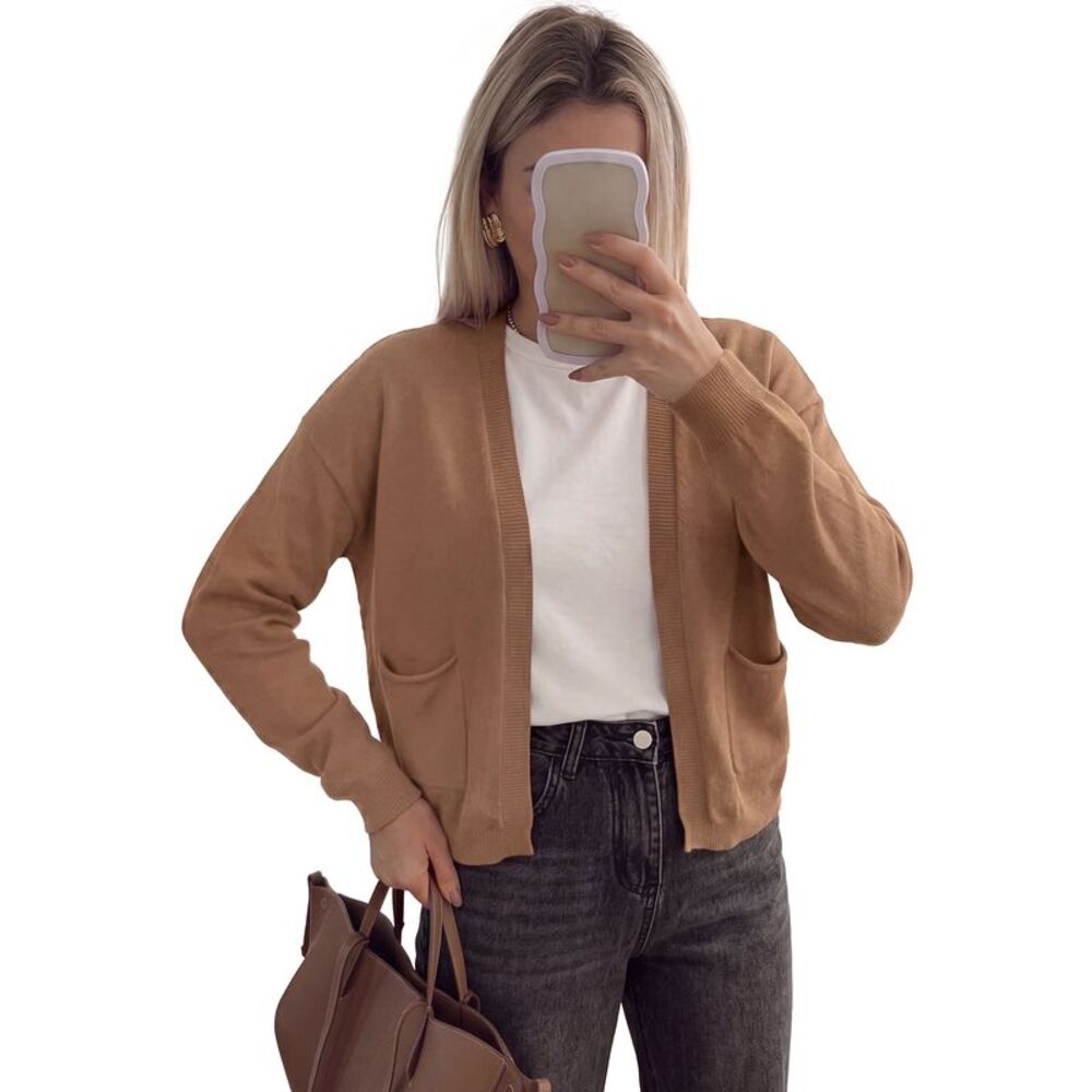 Women Open Front Long Sleeve with Pockets Knit Sweater Camel